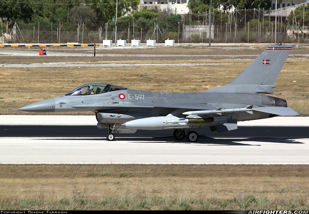 Denmark - Air Force General Dynamics F-16AM Fighting Falcon E-597 at Luqa - Malta International (MLA / LMML), Malta