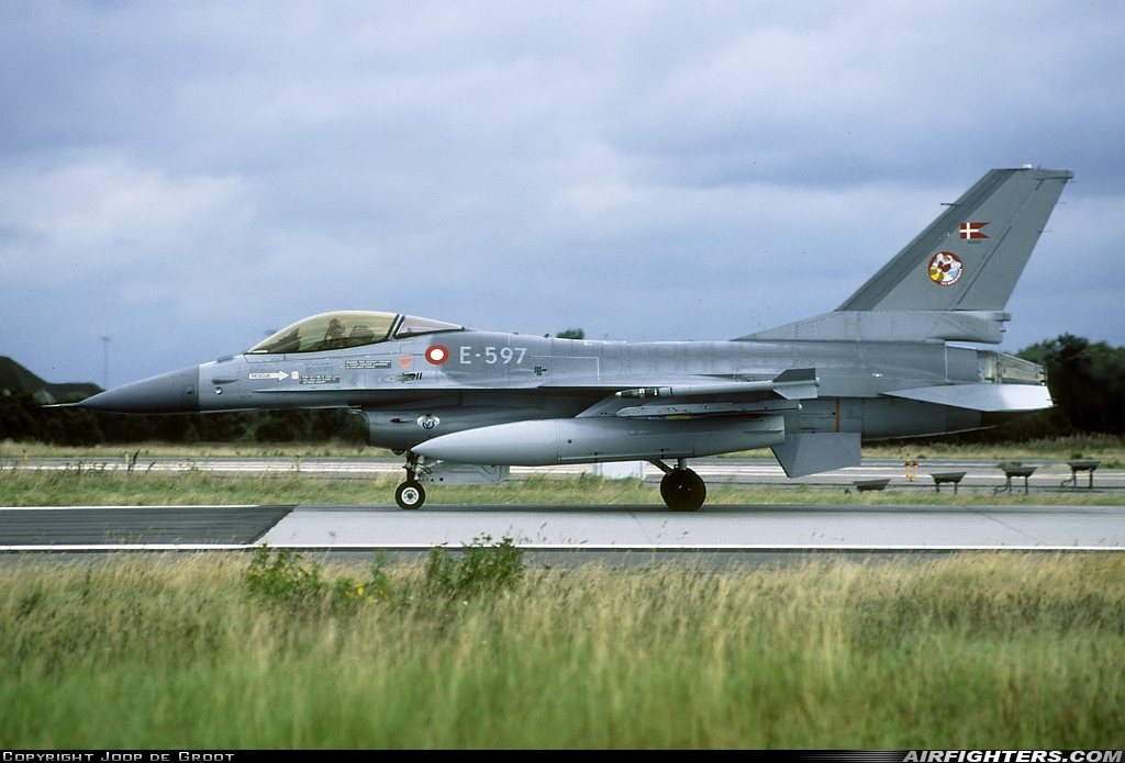 Denmark - Air Force General Dynamics F-16A Fighting Falcon E-597 at Karup (KRP / EKKA), Denmark