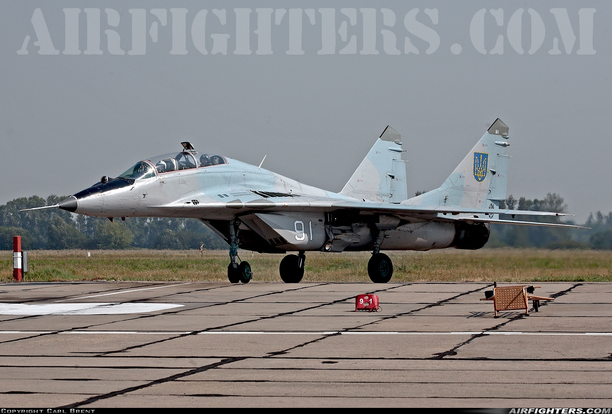 Ukraine - Air Force Mikoyan-Gurevich MiG-29UB (9.51) 91 WHITE at Vasilkov (UKKW), Ukraine