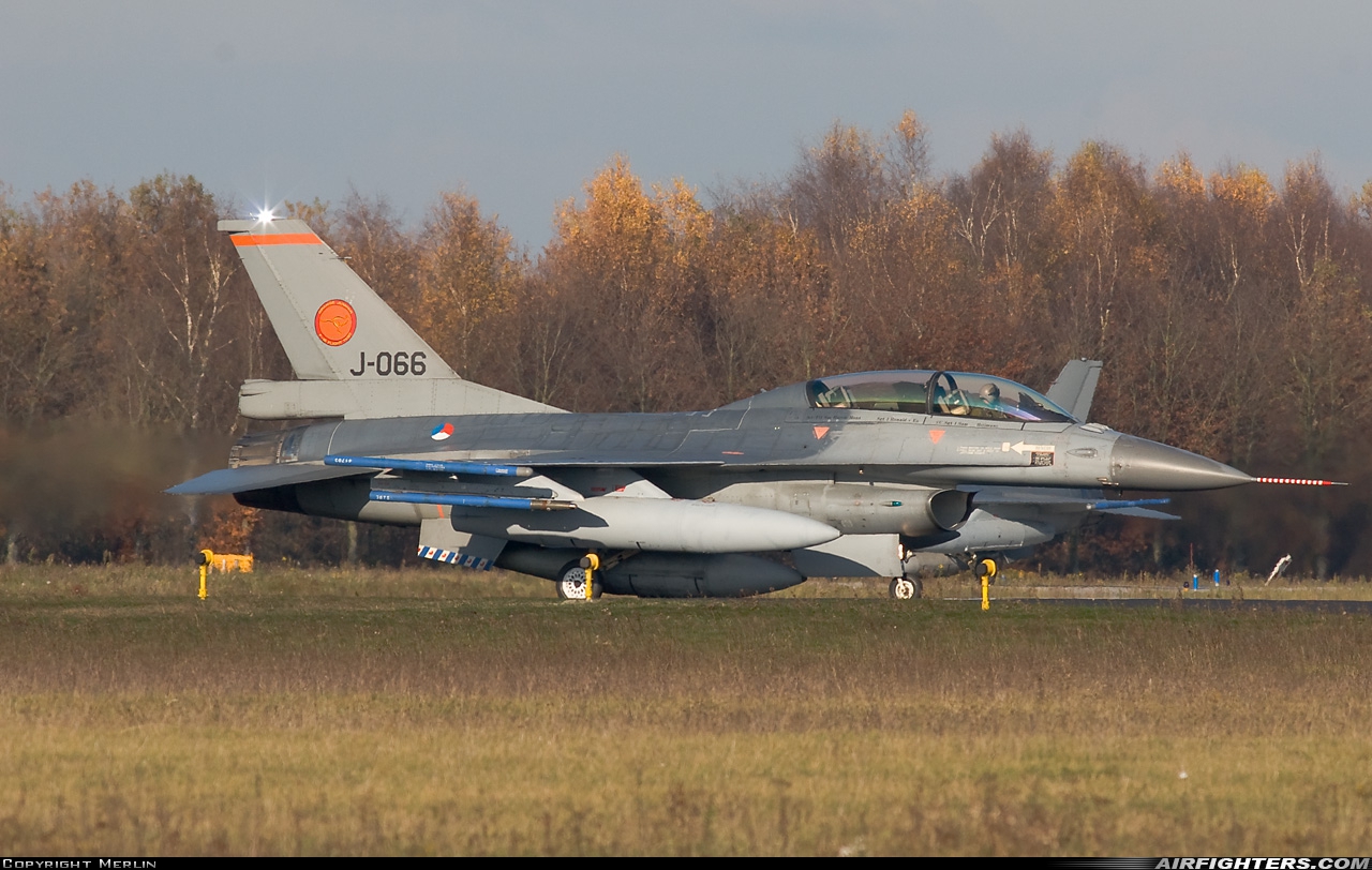 Netherlands - Air Force General Dynamics F-16BM Fighting Falcon J-066 at Eindhoven (- Welschap) (EIN / EHEH), Netherlands