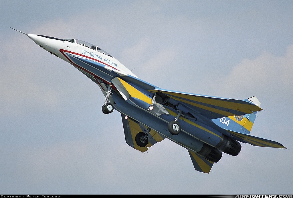 Ukraine - Air Force Mikoyan-Gurevich MiG-29UB (9.51) 104 WHITE at Fairford (FFD / EGVA), UK