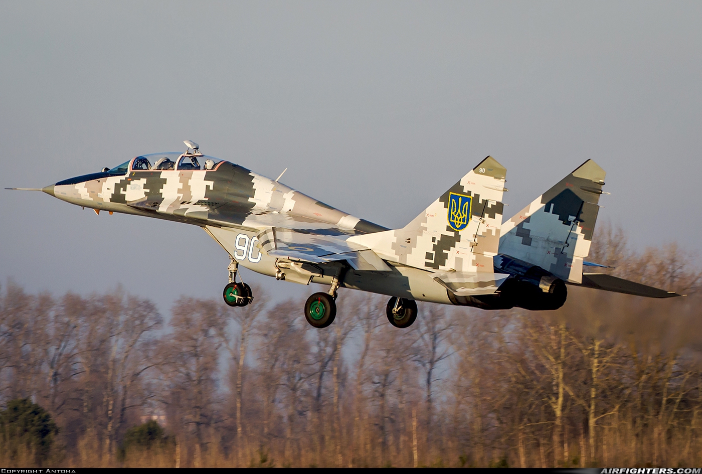 Ukraine - Air Force Mikoyan-Gurevich MiG-29UB (9.51) 90 WHITE at Vasilkov (UKKW), Ukraine