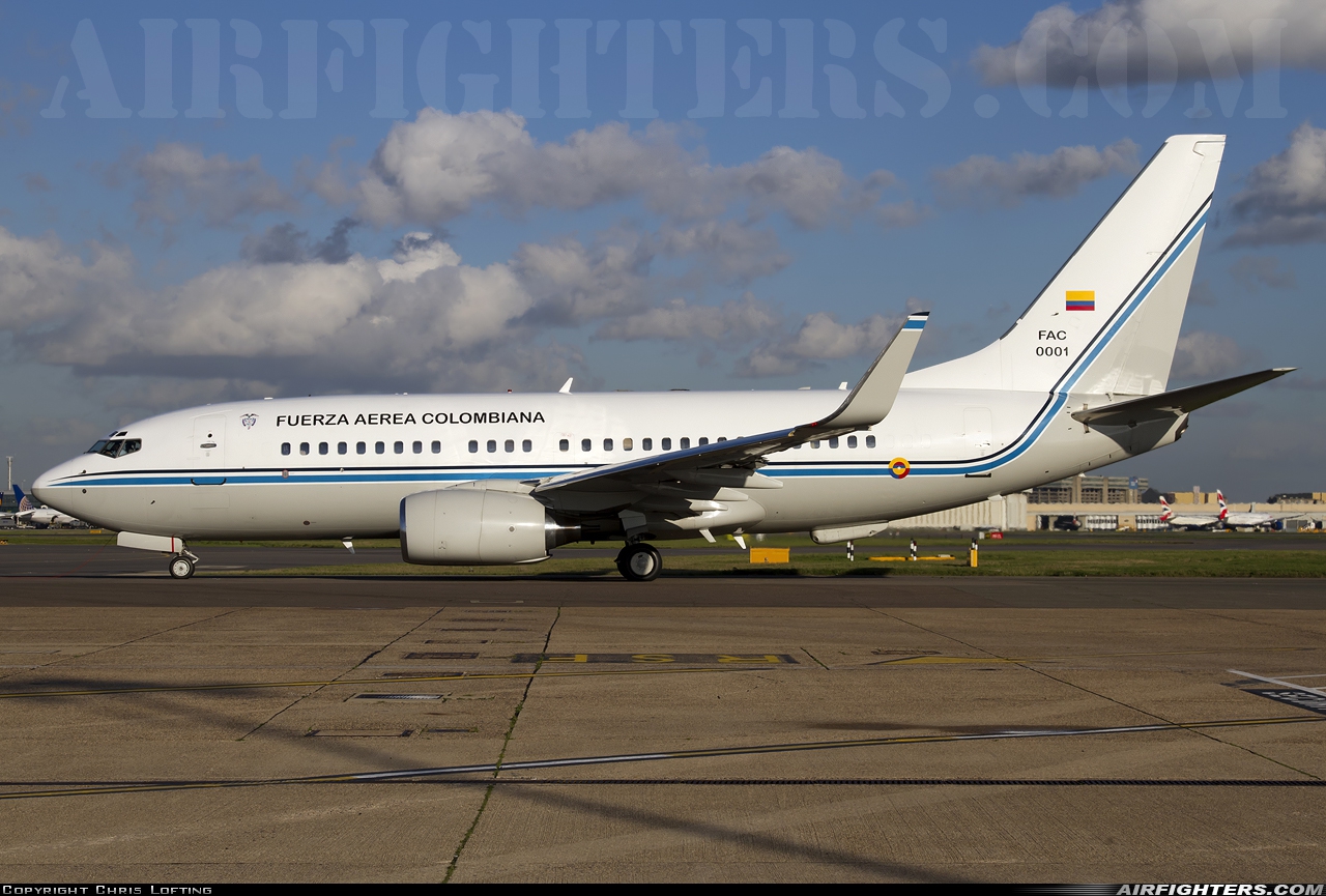 Colombia - Air Force Boeing 737-74V FAC0001 at London - Heathrow (LHR / EGLL), UK