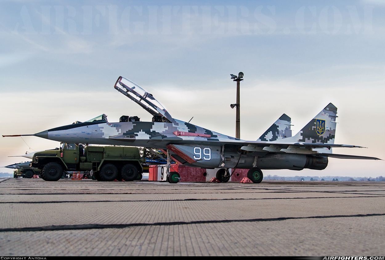 Ukraine - Air Force Mikoyan-Gurevich MiG-29UB (9.51) 99 WHITE at Vasilkov (UKKW), Ukraine
