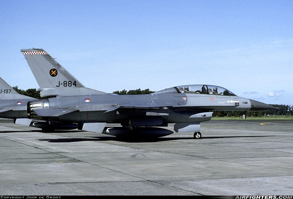 Netherlands - Air Force General Dynamics F-16B Fighting Falcon J-884 at Leeuwarden (LWR / EHLW), Netherlands