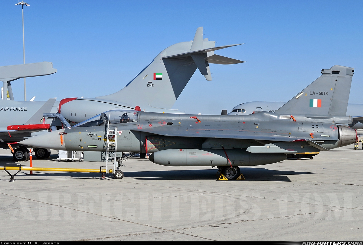 India - Air Force Hindustan Aeronautics Limited Tejas Mk.1 LA-5018 at Jebel Ali (Dubai) - Al Maktoum Int. (DWC / OMDW), United Arab Emirates