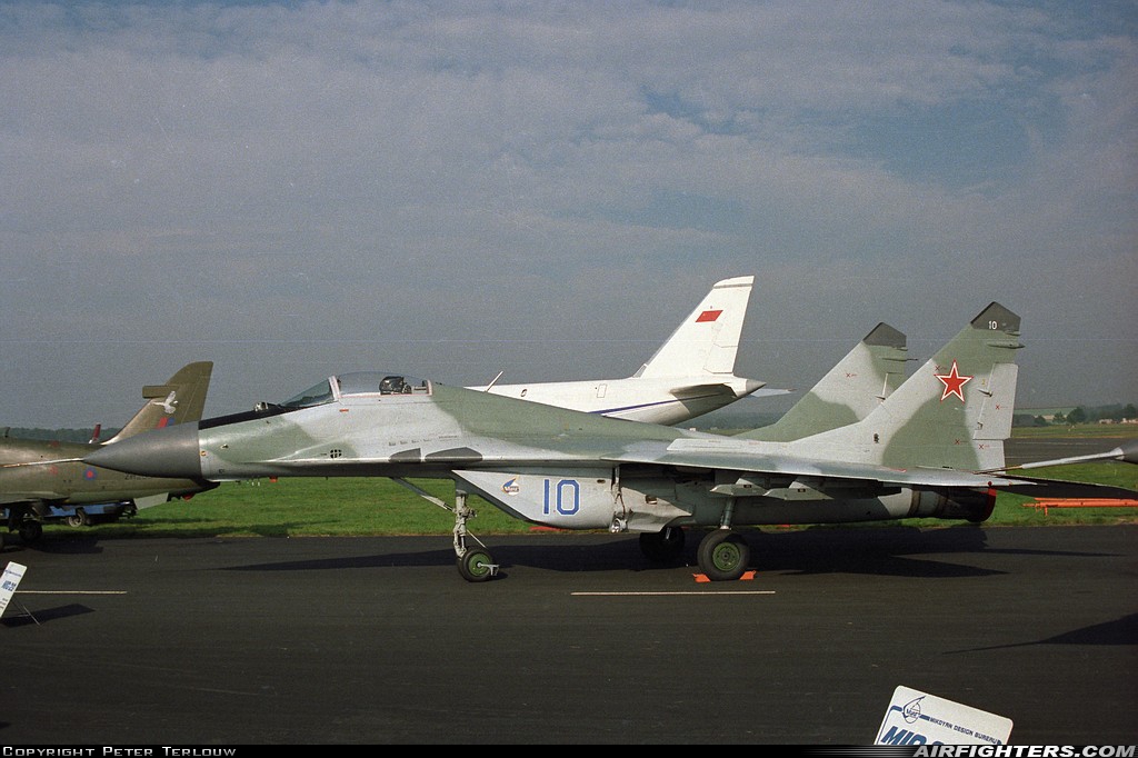 Russia - Air Force Mikoyan-Gurevich MiG-29A (9.12A) 10 BLUE at Farnborough (FAB / EGLF), UK
