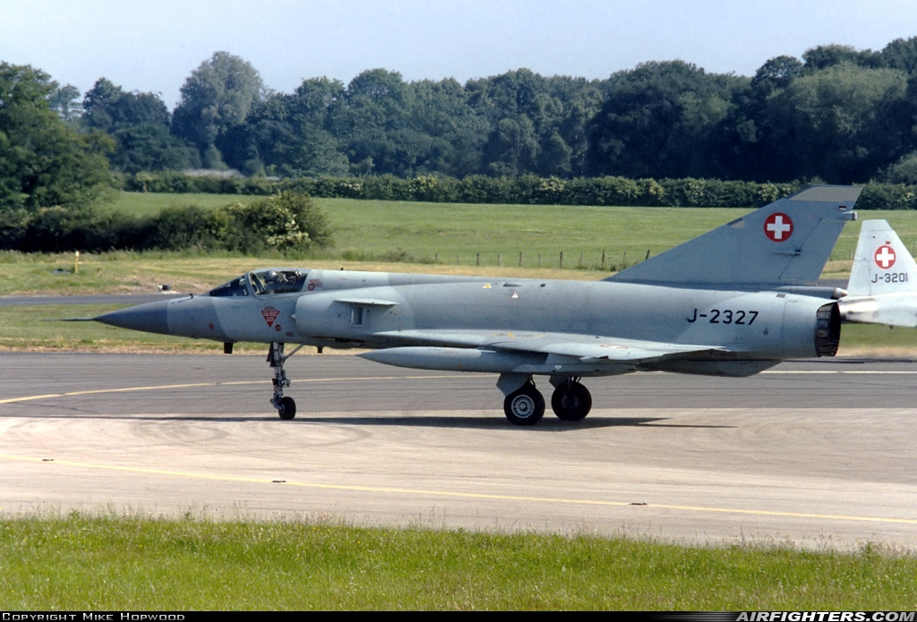 Switzerland - Air Force Dassault Mirage IIIS J-2327 at Woodford (EGCD), UK