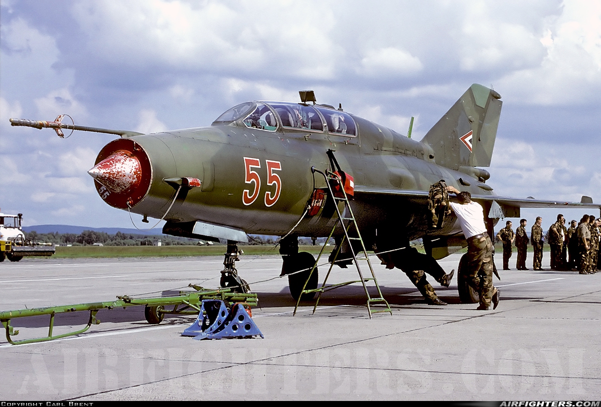 Hungary - Air Force Mikoyan-Gurevich MiG-21UM 55 at Papa (LHPA), Hungary